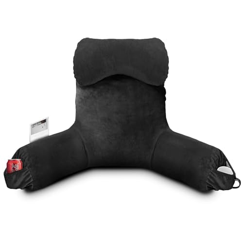 Reading Pillow for Sitting in Bed Adult, Bed Pillow with Shredded Memory Foam, 25''H Pillow with Detachable Neck Roll, Washable Cover, Back Pillow Sitting Up with Extend Arms, Black - color: Black, size: Extra Large