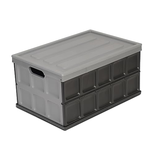 Glad Collapsible Storage Bin with Lid - 48L Foldable Plastic Box for Garage, Car Trunk, and Organization - Stackable Lidded Container with Handles, Grey - color: Grey