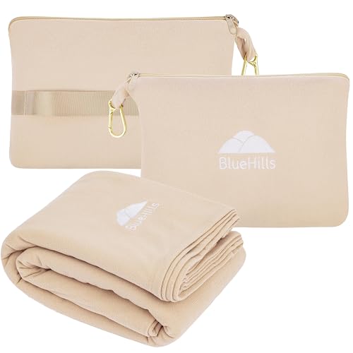 BlueHills Travel Blanket Pillow Compact Lightweight Pocket Size Airplane Traveling Essential Flight Trip Throw in Bag Portable Case Plane Accessory Beige L06 - color: L06-beige