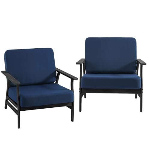 Dark Wood Patio Chair Outdoor Bistro Set, 2 Piece Outdoor Armrest Chair All Weather Patio Sofa Furniture Backyard Conversation Sets with Cushions - Navy Blue - color: Navy/Dark, size: 2PCS