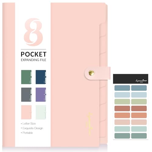 Sooez Elegant Accordion File Organizer with Labels, 8 Pocket Expanding File Folder, Portable Folders for Documents, Cute Paper Organizer for School Office Supplies, Letter Size, Pink - color: Pink