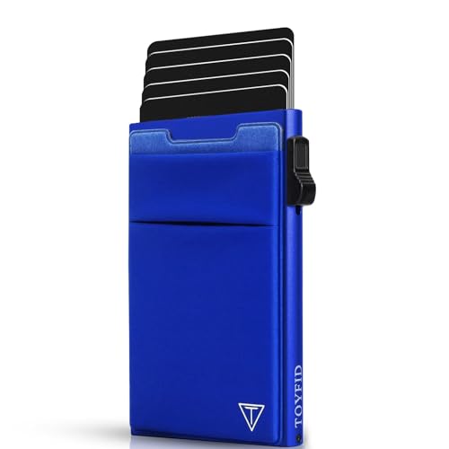TOYFID Slim Wallet for Men - Pop Up Card Holder Wallet,Minimalist Business Wallet,Credit Card Wallet with Money Pocket,Metal Card Case Wallet,RFID Blocking,Can Hold 6 Credit Cards - color: blue B