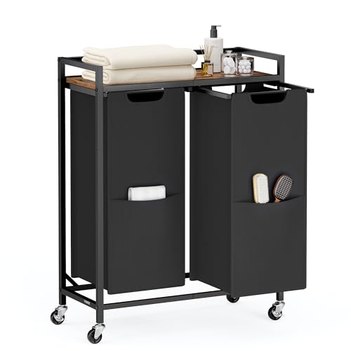 VASAGLE Laundry Sorter, 29 Gal. (110 L) Laundry Hamper Basket with 2 Compartments, Rolling Cart with Wheels, Shelf, Removable Bags, Pockets, Ink Black and Rustic Brown UBLH021B01 - color: Ink Black + Rustic Brown, size: 2 Bags - 110 L