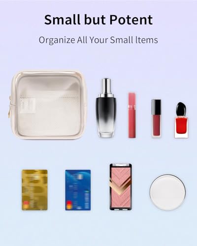 Wandering Nature Clear Makeup Bag for Purse Mini Make up Bag Cute Cosmetic Pouch for Women with Slip-in Pockets Travel Toiletry Essentials Vegan Leather Organizer Pouch,Patent Pending - color: Beige