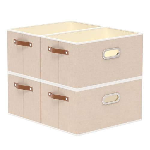 Yawinhe Collapsible Storage Box, Cube Storage Basket, Fabric Foldable Storage Bins Organizer Containers with Dual Leather Handles for Home Bedroom Closet Office,15.0 x 9.8 x 8.3 Inch, (Beige, 4-Pack) - color: Beige, size: 15.0x9.8x8.3inch(4-Pack)