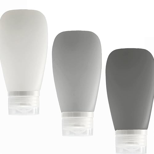 Travel Bottles for Toiletries, TSA Approved 3oz (90ml) Leak Proof Silicone Refillable Squeeze Travel Size Containers BPA Free for Cleansers, Lotions, Shampoo 3-pk (Black-Gray-White) - color: Black-Gray-White