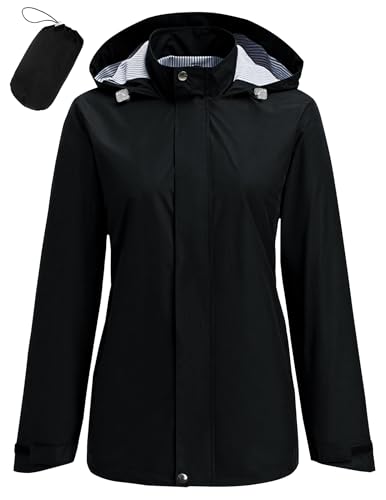 Hount Womens Waterproof Raincoat Lightweight Packable Striped Lined Rain Jacket Casual Travel Outdoor Hooded Jakctes - color: Black, size: X-Large
