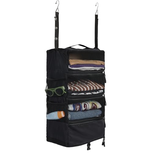 Surblue Travel Hanging Luggage Organizer Portable Suitcase Closet Organizer Multiple Compartments Collapsible Compression Packing Cubes Shelf, Black, S - color: Black, size: S_9×7×18in