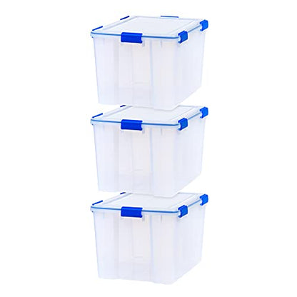 IRIS USA WeatherPro 74 Qt Storage Bins with Lids, 3 Pack, BPA-Free Plastic Gasket Box with Tight Latch and Seal, Stackable Nestable Tote Tub - Clear/Blue - size: 74 Qt. - 3 Pack