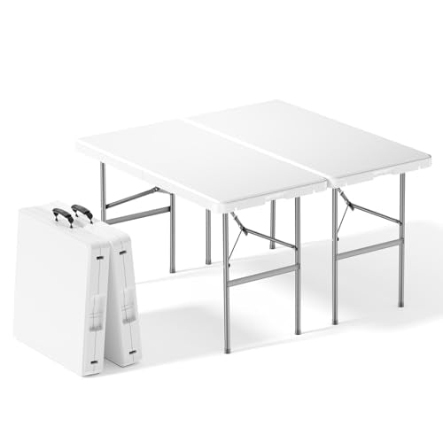 Sweetcrispy 4 FT Folding Picnic Table 2 Pack, Easy to Fold and Store, Foldable Table for Camping Picnic Dining Party Kitchen Outdoor Indoor with Carrying Handle - color: White, size: 4 FT - 2 Pack
