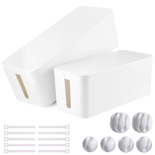 Cable Management Box, 2 Pack Large & Medium Cable Organizer Box with 17 PCS Cable Management Set, Cord Organizer Box to Hide Surge Protector on Desk or Floor (White) - color: White
