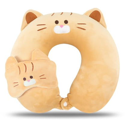 Kids Neck Pillow for Travel with Sleep Eye Mask, Cute Travel Neck Pillow, Memory Foam Flight Sleeping Headrest Pillow for Boys & Girls, Airplane, Train, Car, Home Use - Ginger Cat - color: Ginger Cat