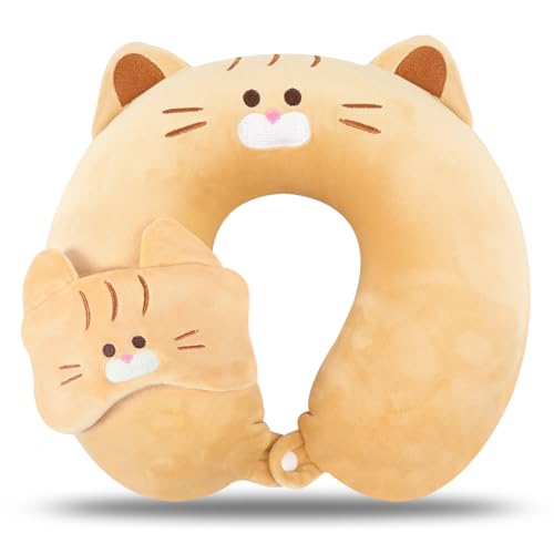 Kids Neck Pillow for Travel with Sleep Eye Mask, Cute Travel Neck Pillow, Memory Foam Flight Sleeping Headrest Pillow for Boys & Girls, Airplane, Train, Car, Home Use - Ginger Cat - color: Ginger Cat