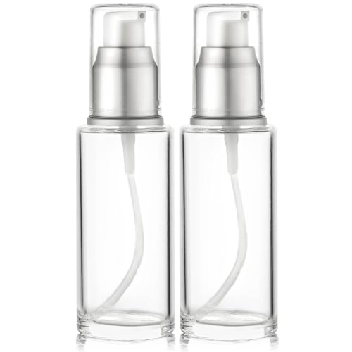 VitalUp 1.7 Oz 50ml Refillable Luxury Clear Glass Lotion Travel Pump Bottle with Silver Cap for Cosmetics, Lotion, Body Cream, Sanitizers, Cream, Foundation (Pack of 2) - size: 50 ml (2 Pack)