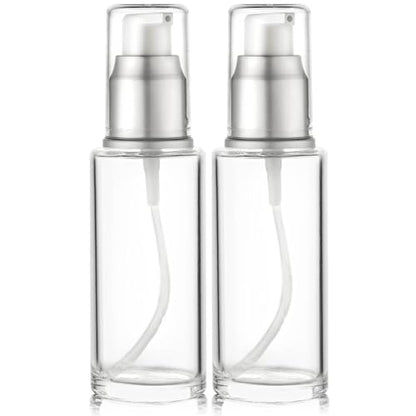 VitalUp 1.7 Oz 50ml Refillable Luxury Clear Glass Lotion Travel Pump Bottle with Silver Cap for Cosmetics, Lotion, Body Cream, Sanitizers, Cream, Foundation (Pack of 2) - size: 50 ml (2 Pack)