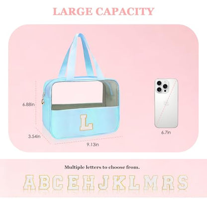 Personalized Initial L Clear Blue Makeup Bag - Large Travel Toiletry Bag, Cute Cosmetic Organizer Set for Girlfriend, Teacher, Teen Girl Gifts - color: Blue, style: L