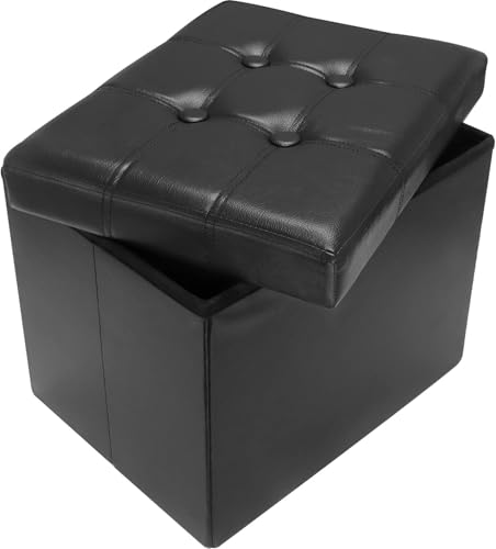 AmasSmile Storage Ottoman Folding Foot Rest Stool, Leather Footstool Bench, Short Ottoman Stool, Storage Foot Rest Store, Books (Black, 17" D x 13" W x 13" H) - color: Black 1 Pack, size: 17"*13"*13"inch