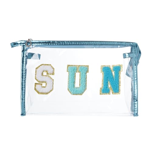 Clear Preppy Patch Cosmetic Bag, Sun Chenille Letter Bag for Beach, Clear Travel Pouch with Zipper, Small Toiletry Bag for Women Girls Teens Gift (Blue) - color: Blue