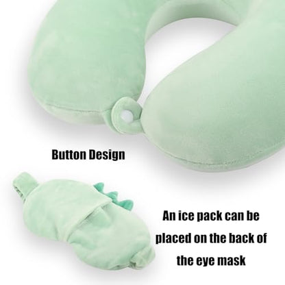 Kids Neck Pillow for Travel with Sleep Eye Mask, Cute Travel Neck Pillow, Memory Foam Flight Sleeping Headrest Pillow for Boys & Girls, Airplane, Train, Car, Home Use - Green Dinosaur - color: Green Dinosaur