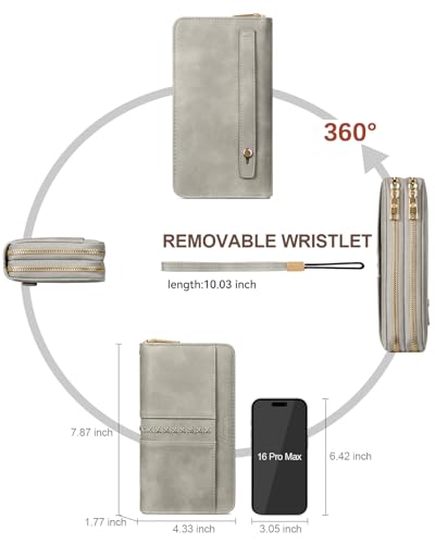 BOSTANTEN Wallets for Women Leather RFID Double Zipper Around Credit Card Holder Large Capacity Wristlet Clutch Wallet - color: Cloud Gray