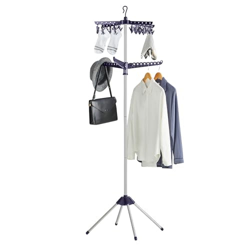 SONGMICS 2-Tier Clothes Drying Rack, 72-Inch Folding Laundry Drying Rack with 3 Rotatable Arms for Hangers, 24 Clips, Stainless Steel, for 27 Pieces of Clothes, Blue and Silver ULLR512Q01 - color: Blue + Silver, style: 2-Tier-Clip