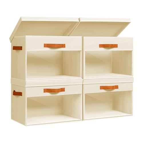 Homsorout Large Storage Bins with Lids - 4 Pack Foldable Decorative Organizers with Clear Windows & Handles, Cube Storage Organizers for Clothes, Blankets, Sweaters, Sheets, Beige - color: Beige, size: 13.7 Inch-4 Pack