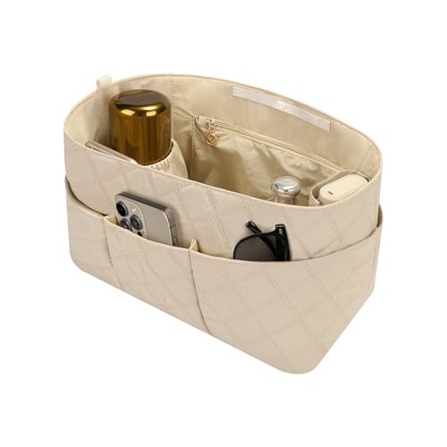 GIVLEFLY Small Purse Organizer Insert, Waterproof Nylon Handbag Insert with Multiple Pockets & Interior Zipper Pocket, Quilted Structured Divider, Top Snap Closure，Light khaki - size: small
