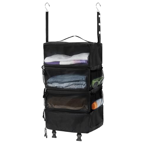 Surblue Hanging Travel Organizer Portable Hanging Luggage Organizer Multiple Compartments Collapsible Compression Closet Packing Cubes,Black,M - color: Black, size: Medium