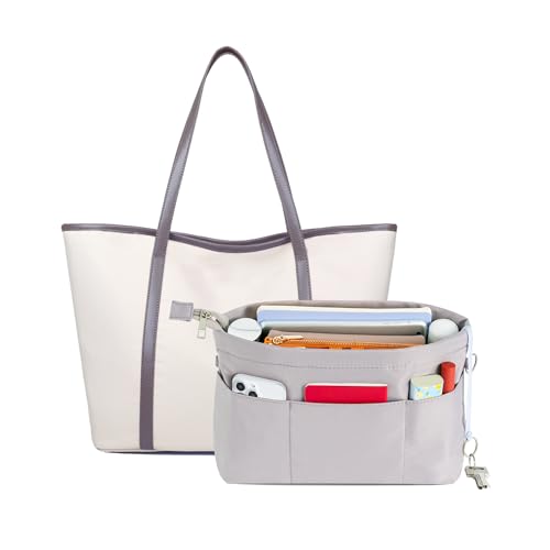 HyFanStr Purse Organizer Insert with Zipped Top for Tote Bag, Handbag Shaper with 13 Pockets - color: Grey, size: XL-16.3*13*8.5*4.9in