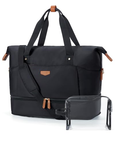 Missnine Weekender Bag for Women, Foldie Travel Bag Expandable with Shoes Compartment Travel Duffel 50L Carry on Overnight Gym - color: Black, size: Set (2 Pcs)