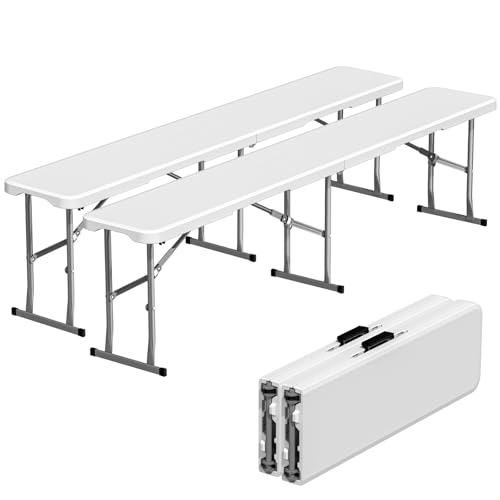 6ft Folding Bench 2 Pack, Plastic Folding Bench for Picnic Camping Dining Party Garden, 6 feet Foldable Benches for Soccer Multipurpose Entertaining Activities, Smooth HDPE Tabletop, White - color: White, size: 2 Folding Bench