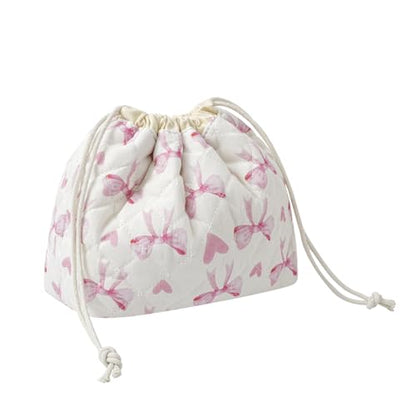 uekeboag Cotton Quilted Drawstring Makeup Bag with Canvas Lining,Coquette Aesthetic Cute Travel Toiletry Bag,Drawstring Gift Bag for Women and Girls（14Heart Bow） - color: 14Heart Bow