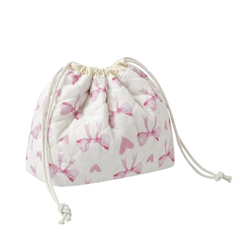 uekeboag Cotton Quilted Drawstring Makeup Bag with Canvas Lining,Coquette Aesthetic Cute Travel Toiletry Bag,Drawstring Gift Bag for Women and Girls（14Heart Bow） - color: 14Heart Bow