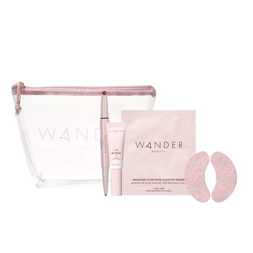 Wander Beauty Love at First Flight Bundle, Makeup Set with Rose Gold Eye Masks, Lip gloss, Lipsetter Dual Lipstick and Liner, Travel Bag