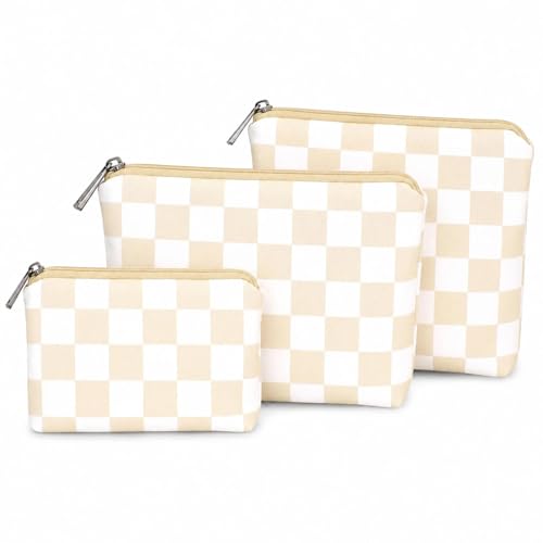 Small Cosmetic Bag Set of 3 for Purse, Cute Cotton Floral Makeup Bags, Small Makeup Bag Organizer, Cosmetic Pouch Set for Travel & Daily Use - color: Cream Checker