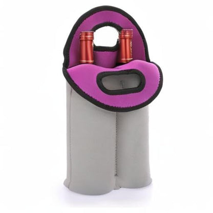 Hipiwe 2 Bottle Wine Tote Carrier Bag With Handle - Neoprene Insulated Holder for Water Bottles, Beer, Drinks - Protective Travel Picnic Carrier - style: Grey + Purple