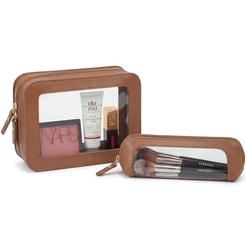LETGO Clear Makeup Bag Set - Travel Toiletry Organizer for Women, Waterproof Cosmetic Pouch & Car Accessory for Travel Size Lipstick Case Pouch Car Organizer and Storage (2Pack-Standard&Slim, Brown) - color: Brown, style: 2pack-standard&slim