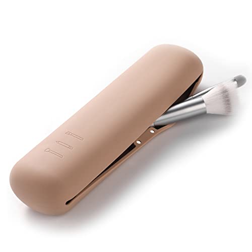FERYES Large Travel Makeup Brush Holder, Magnetic Anti-fall Out Silicon Portable Cosmetic Face Brushes Holder, Soft and Sleek Makeup Tools Organizer for Travel- (8.27 * 2.36 * 1.57) - color: Khaki, size: Large