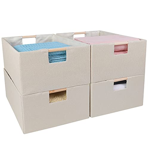 ANMINY 4PCS Large Closet Storage Baskets for Shelves, 15 x 10.6 Inch Collapsible Fabric Storage Bins with Wood Handles Cloth Shelves Organizer Bins Decorative Fabric Baskets - Medium, Beige - color: Beige, size: Medium (Pack of 4)