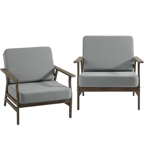 2 Piece Wood Patio Chair Outdoor Bistro Set, Outdoor Armrest Chair All Weather Patio Sofa Furniture Backyard Conversation Sets with Cushions, Grey - color: Grey, size: 2PCS