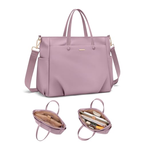 14 Inch Laptop Tote Bag for Women, Lightweight Nylon Work Shoulder Bag, Water-Resistant Computer Handbag with Pockets for Business Travel & Commute (Pinkish Purple) - color: Pinkish Purple, size: 14 Inch