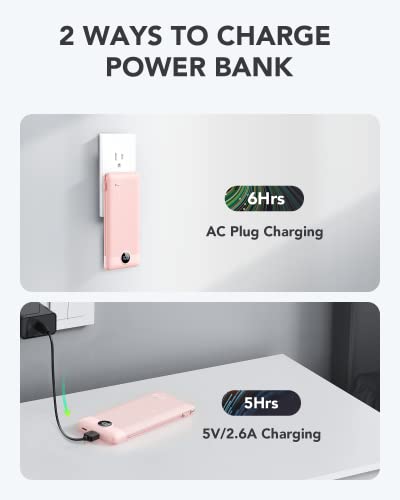 VRURC Portable Charger Built-in Cables and AC Wall Plug,USB C Power Bank 10000mAh, Travel Essentials Phone Charger Compact Lightweight External Battery Pack for Smart Phones, Tablets etc-Pink - color: Pink