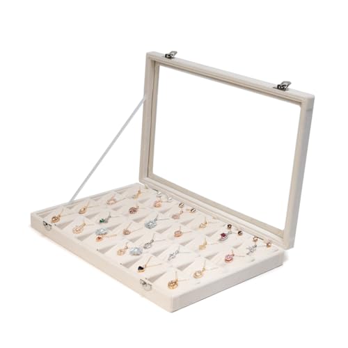 Jewelry Box Necklace Organizer Tray (Beige) Necklace Display Case for Storage Jewelry Necklaces Display Stand 24 Slot Pendant Holder for Women - color: Beige, size: Necklace display Case with Glass Lid 24 Slot