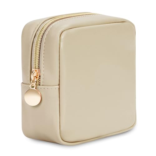 Wandering Nature Small Makeup Bag for Purse Mini Make up Pouch Cute Cosmetic Pouch for Women with Slip-in Pockets Eco Vegan Leather, Beige - color: Beige