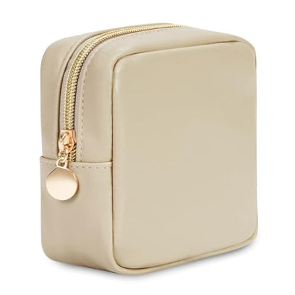 Wandering Nature Small Makeup Bag for Purse Mini Make up Pouch Cute Cosmetic Pouch for Women with Slip-in Pockets Eco Vegan Leather, Beige - color: Beige