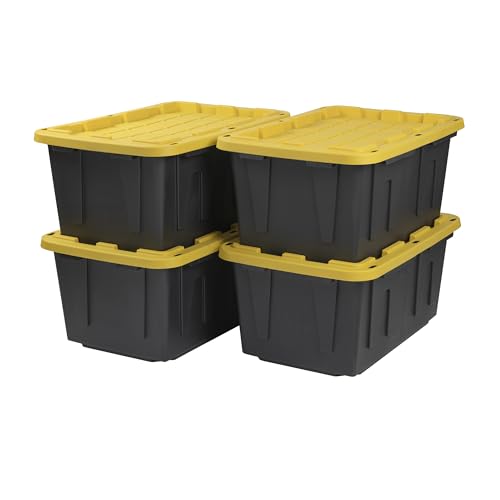 CX Black & Yellow 27-Gallon Heavy Duty Stackable Storage Bins with Lids, Dorm Room Essentials, Moving Boxes, Back to School, Classroom Organization, Home Organization, 4 Pack (14.3"H x 20.6"W x 30.6"D) - size: 27 Gallon