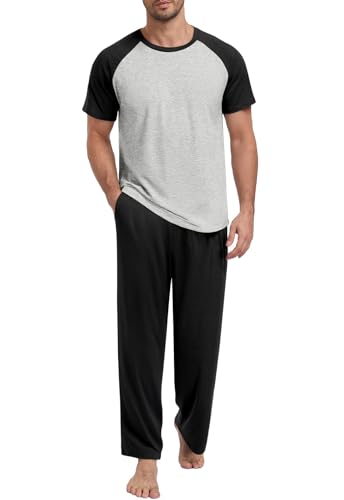 Yincro Mens Pajamas Set Lightweight Loungewear Short Sleeve Top and Pants Soft Sleepwear Pjs Sets - color: Light Gray-black, size: Medium
