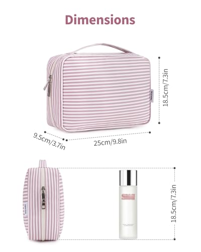 Narwey Small Hanging Travel Toiletry Bag for Women, Travel Bag for Toiletries, Makeup Bag Organizer Cosmetic Bags Make Up Bags for Girls - color: ZB-Dusty Pink Stripe