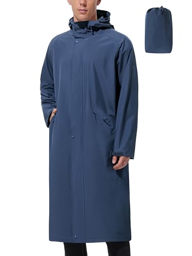 UIQUR Men's Long Waterproof Raincoat with Adjustable Wide Brim Portable Pouch Outdoor Commute Essential - color: Navy Blue, size: XX-Large