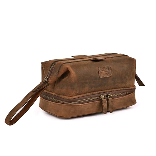 LEATHER VILLAGE Genuine Leather Dopp Kit – Large Travel Toiletry Bag with Waterproof Lining, Dual-Zip Design for Men & Women, Organizer for Shaving, Makeup & Essentials - Brown - color: Brown